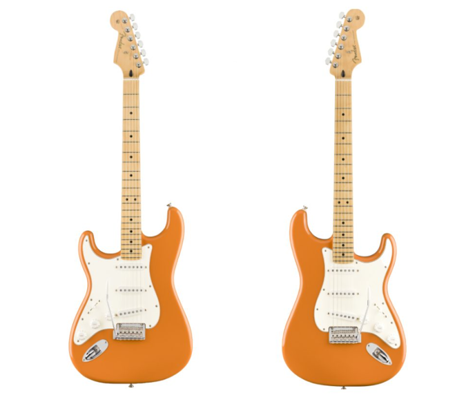 Kostrukční rozdíly mezi kytarou pro leváky (nalevo) a pravorukou kytarou (vpravo)<br>
